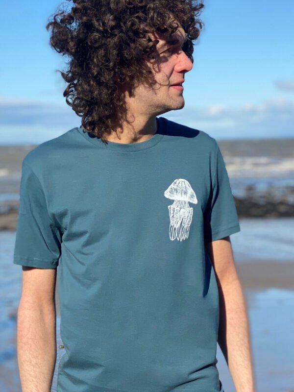 Organic cotton T-shirt, hand printed with original art of the barrel jellyfish