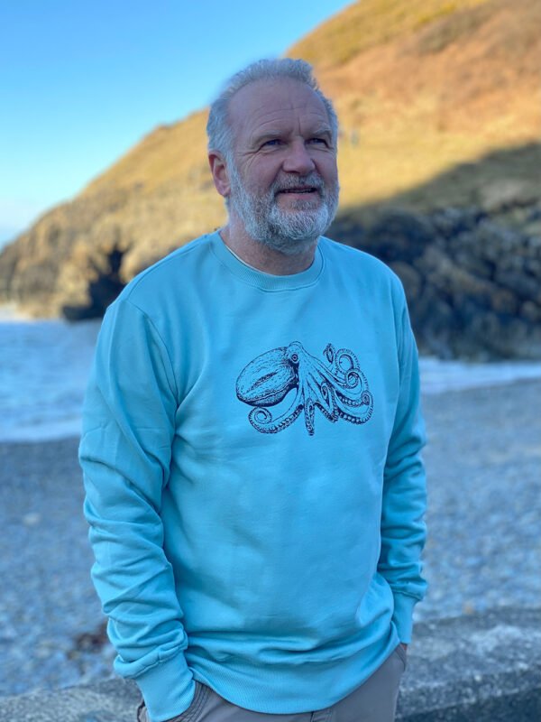 Organic cotton sweatshirt screen printed with artwork of an octopus