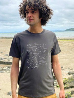 British sharks T-shirt organic cotton T-shirt in dark grey printed with 10 of the sharks you're likely to find in British waters