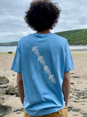 Organic cotton T-shirt, hand printed with original art of the barrel jellyfish in motion