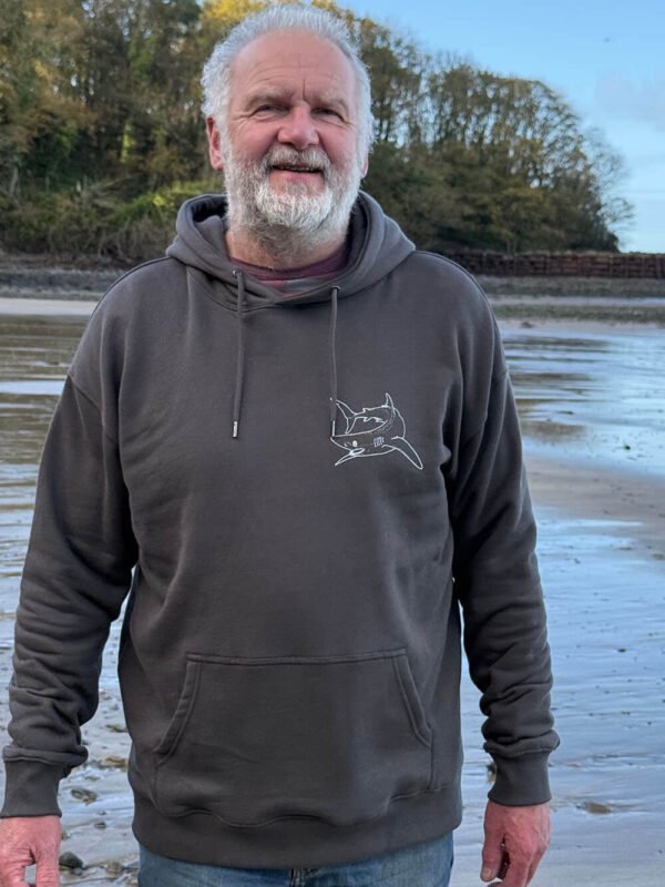 Sharks jaws hoodie front, with pocket image of the blue shark