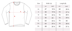Light weight long sleeve T-shirt sizes