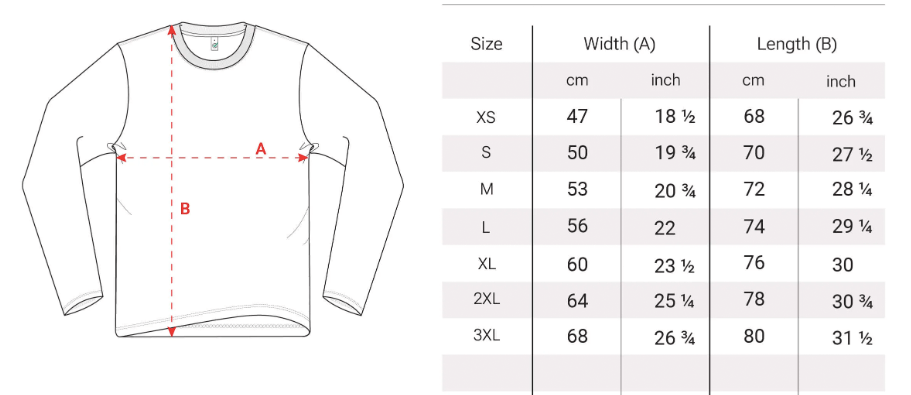 Light weight long sleeve T-shirt sizes