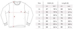 Heavyweight long sleeve T-shirt sizes