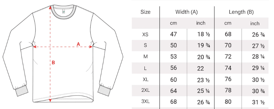Heavyweight long sleeve T-shirt sizes